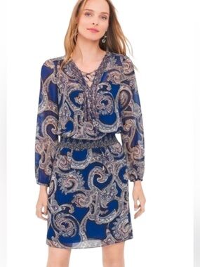 White House Black Market Navy Paisley Boho Dress Size 12 Tie Neck Sheer Sleeve
